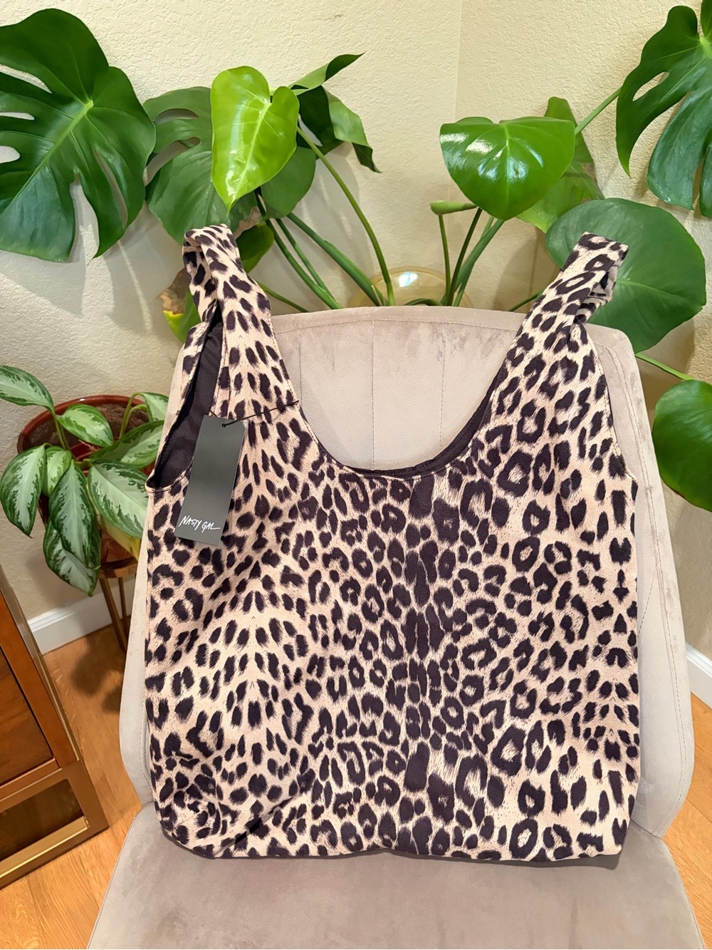 NWT Nasty Gal “Immi” Leopard Print Faux Suede Shoulder Hobo Tote Bag